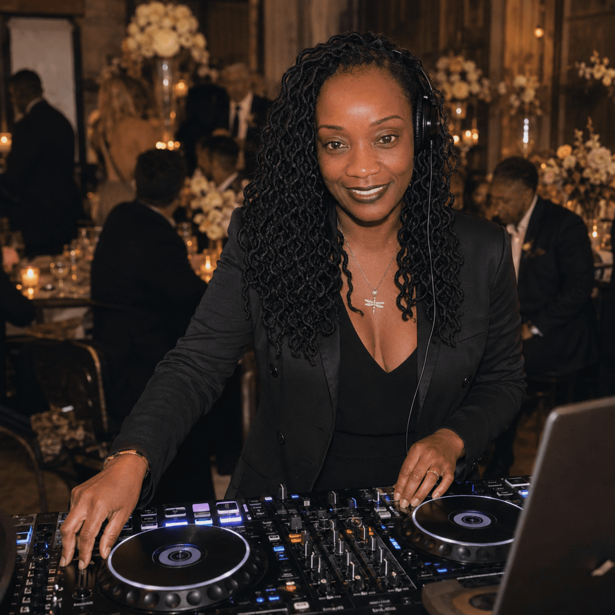 Stylish corporate reception with professional DJ setup